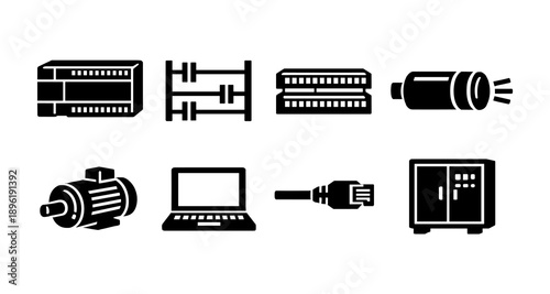 Industrial equipment icons: plc, motor, computer, ethernet cable