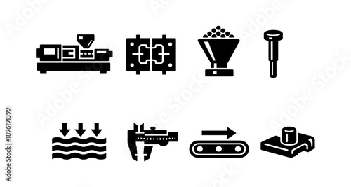 Injection molding process icons: machine setup, material handling, quality control