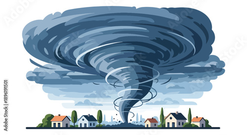 Modern vector illustration of tornado approaching suburban houses with warning systems and evacuation plans, emphasizing severe weather safety and preparedness
