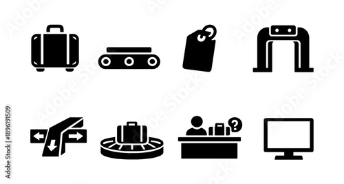Airport icons set: luggage, conveyor, tags, security, information desk, directions, monitor