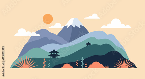 Serene mountain landscape with pagodas and lush vegetation.