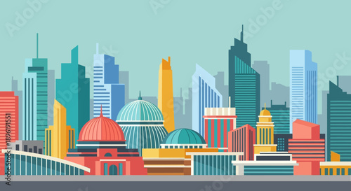 Vibrant Cityscape with Diverse Architectural Styles and Skyscrapers.