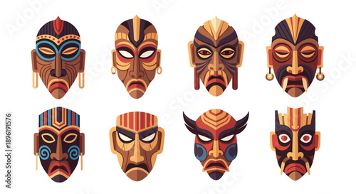 Collection of colorful tribal masks with various designs and patterns.