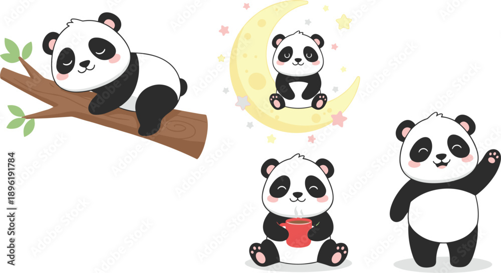 Naklejka premium Cute Panda Cartoon Illustration Set with Sleeping Moon Tea and Waving Pose Isolated on White Background