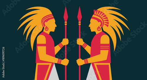 Two warriors facing each other with spears and feathered headdresses.