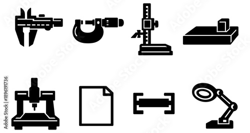 Silhouette icons of caliper, micrometer, drill, gauge, surface plate, cnc machine, paper, lamp