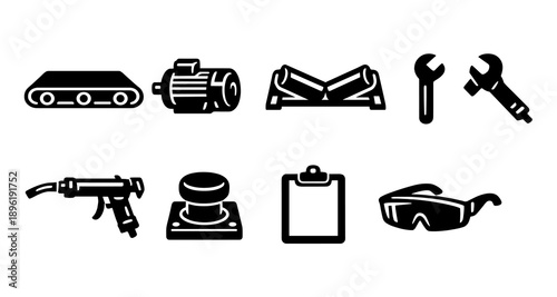 Industrial equipment icons: conveyor, motor, tools, safety gear, clipboards