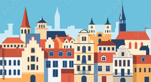Colorful cityscape with diverse architectural styles and vibrant buildings.