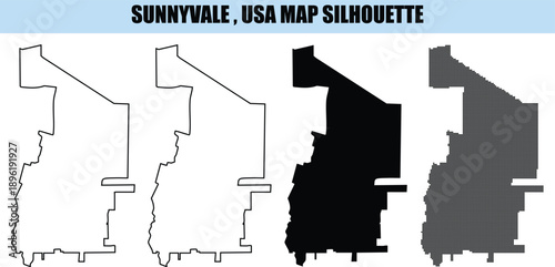 Sunnyvale usa map silhouette graphics pack including outline solid black and pixelated halftone vector illustrations