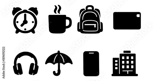 Essential everyday icons: alarm, coffee, backpack, card, headphones, umbrella, phone, building