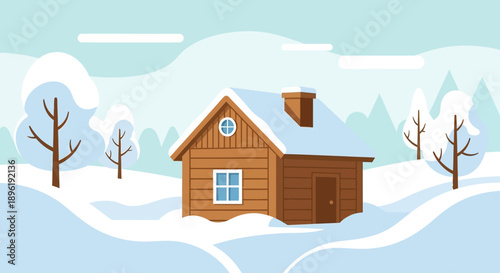 Cozy wooden cabin in a snowy landscape with trees and mountains.