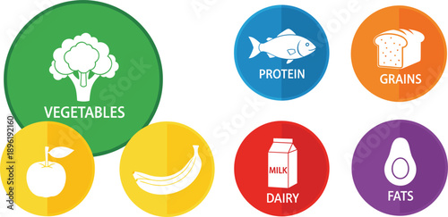Food Group Icon Illustration Set with Vegetables Protein Grains Dairy and Fats Isolated on White Background