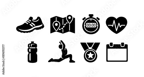 Fitness icons set: running, navigation, stopwatch, heartbeat, hydration, yoga, medal, calendar
