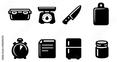 Kitchen icons set: tools, ingredients, and appliances in black and white silhouette