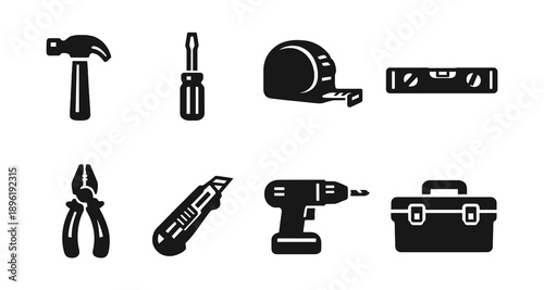 Black and white tool icons: hammer, screwdriver, tape measure, level, pliers, knife, drill, toolbox