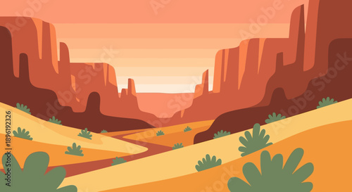 Desert Landscape with Rocky Formations at Sunset.