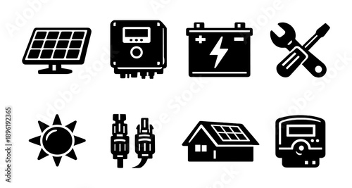 Solar energy equipment icons: solar panel, inverter, battery, tools, connector, house, meter