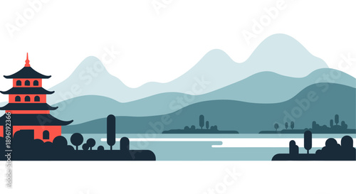 Serene landscape with traditional pagoda and mountains.