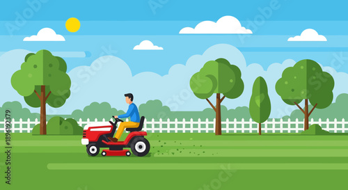Man mowing lawn on a sunny day with a red lawn mower.