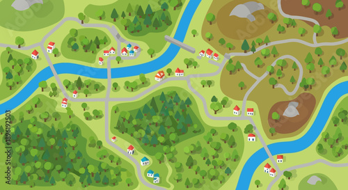 Aerial view of a cartoon village surrounded by lush green forests and winding rivers.
