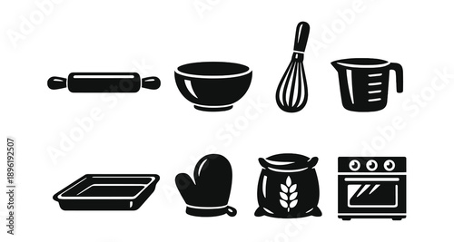 Baking tools icons: rolling pin, bowl, whisk, measuring cup, baking tray, oven mitt, flour bag, oven