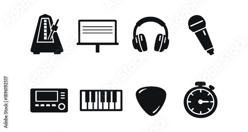 Music equipment icons: metronome, microphone, headphones, keyboard, monitor