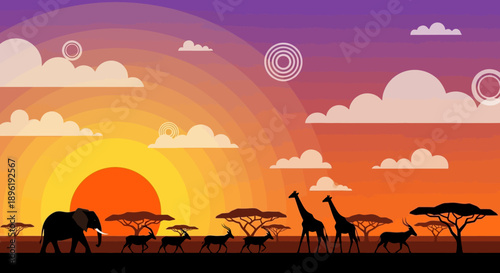 Vibrant African Savannah Sunset with Wildlife Silhouettes.