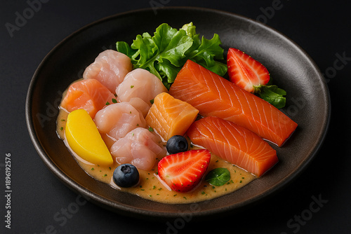 Mixed raw smoked fish with fruit and salad  stock photo