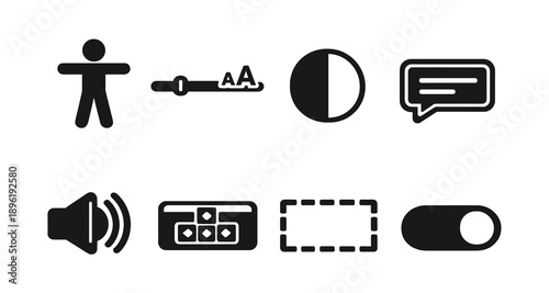 Accessibility icons including visual, audio, and interface controls