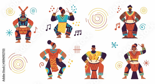 Vibrant cartoon dancers in dynamic poses with musical notes.