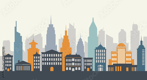 Cityscape with diverse architectural styles and vibrant buildings.