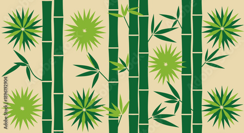 Bamboo stalks and leaves pattern on beige background.