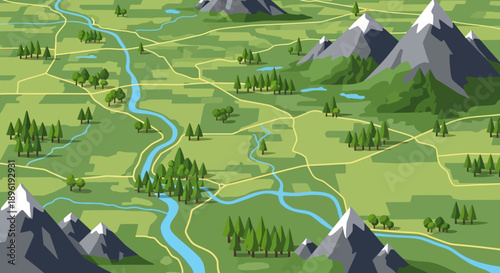 Cartoon landscape with mountains, river, and trees.