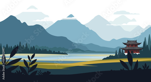Serene landscape with pagoda by the lake and mountains.