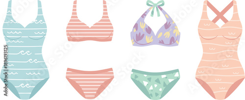 Women Swimwear Illustration Set with Bikini and One Piece Swimsuits Isolated on White Background