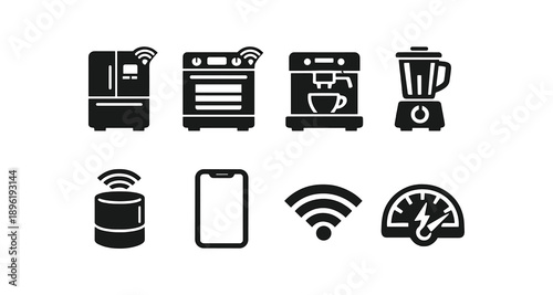 Smart home appliances and gadgets: fridge, oven, coffee maker, blender, smart speaker, phone, wifi, energy