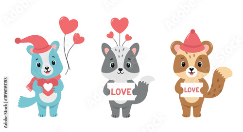 Three cartoon woodland animals with Valentine's Day symbols against a clean white background.