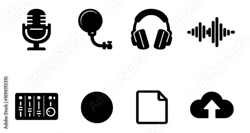 Audio icons set: microphone, headphones, soundwave, balloon, cloud, circle, file, mixer