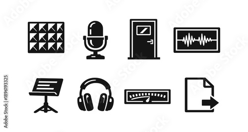 Audio studio icons collection including microphone and headphones
