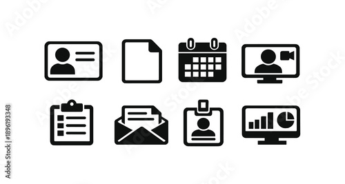 Collection of simple business and office icons including id, document, calendar, and more