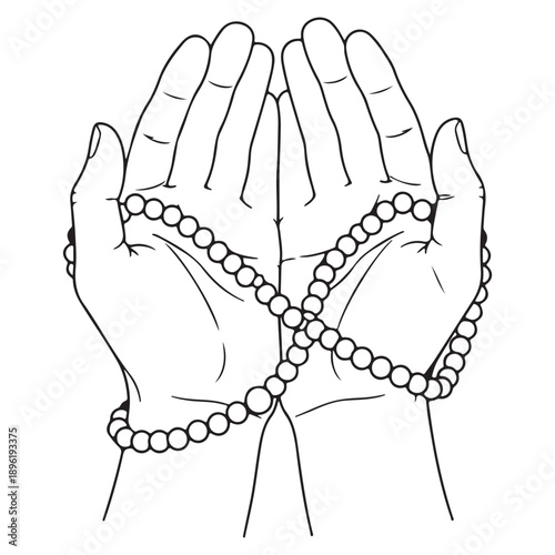 Praying Hands with Tasbih Line Art – Islamic Dua Worship Illustration