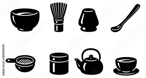 Silhouette tea set: bowl, whisk, filter, teapot, japanese ceremony tools