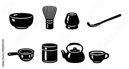 Traditional japanese tea ceremony utensils set in black and white