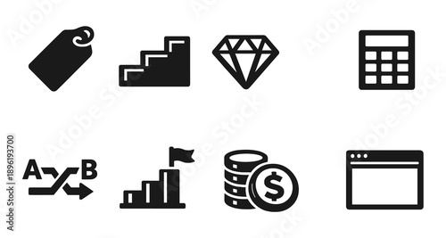 Icon set: price tag, stairs, diamond, calculator, exchange, flag, coins, browser
