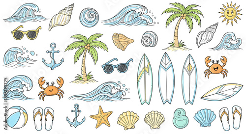 Vibrant Hand-Drawn Summer Beach Holiday Elements Collection. Tropical Vacation Icons, Ocean Waves, Palm Trees, Surfboards, Sunglasses, and Marine Life Illustrations Set