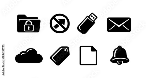 Set of icons: folder, no entry, usb, envelope, cloud, tag, document, bell