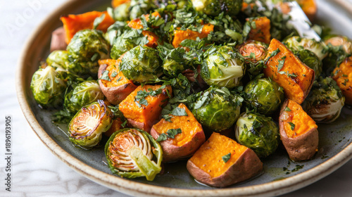 colorful plate of roasted sweet potatoes and Brussels sprouts garnished with fresh herbs, showcasing healthy and vibrant dish