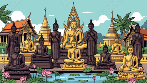 A serene illustration depicting a harmonious collection of Buddha statues and traditional Thai temples, nestled amidst tranquil lotus ponds and lush tropical foliage, representing peace