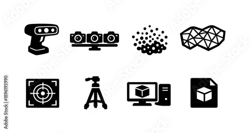 3d scanning technology icons: lasers, cameras, point cloud, and mesh