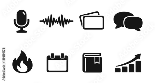 Audio wave microphone folder chat fire calendar book graph icons set